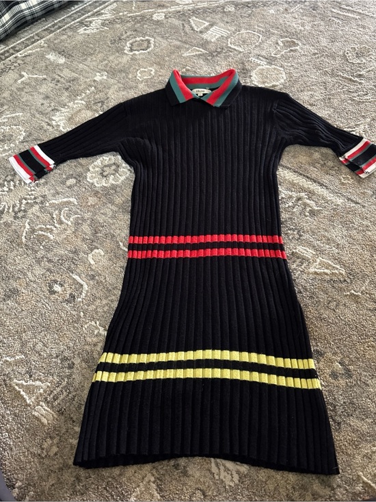 Celine Dresses & Skirts - Celine Black Ribbed Polo Midi Dress with Red and Yellow Stripes